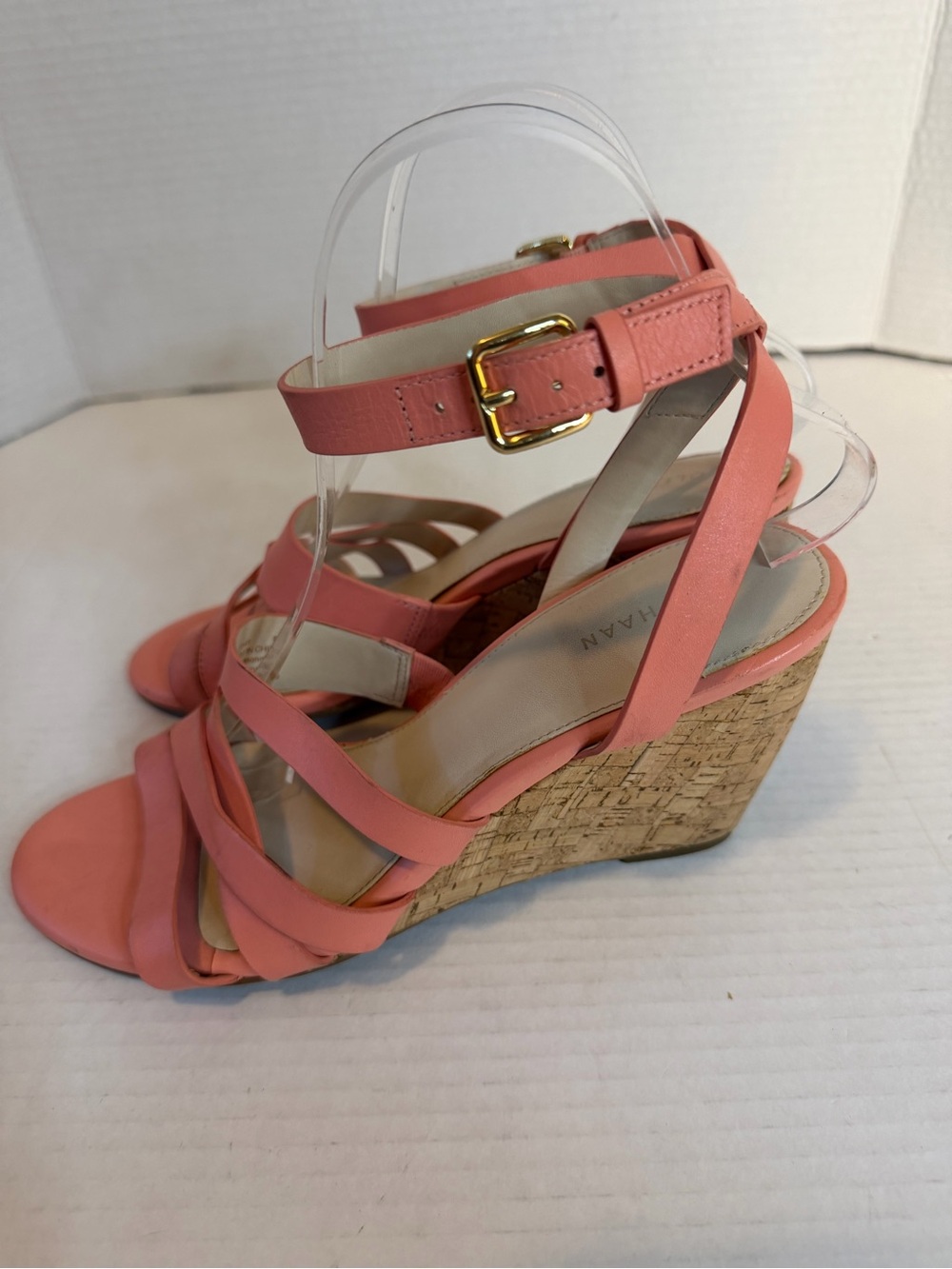 Cole Haan Marietta Coral Pink Strappy Cork Wedge Sandals 8